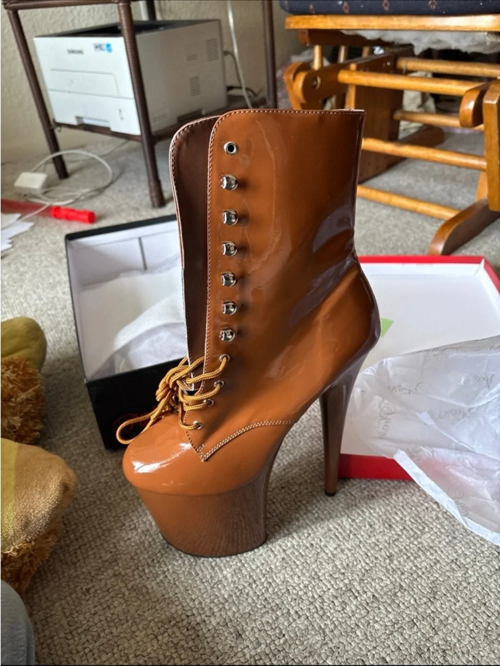 Pleaser Caramel Brown Patent Lace-Up Platform Ankle Boots - Picture 3 of 4